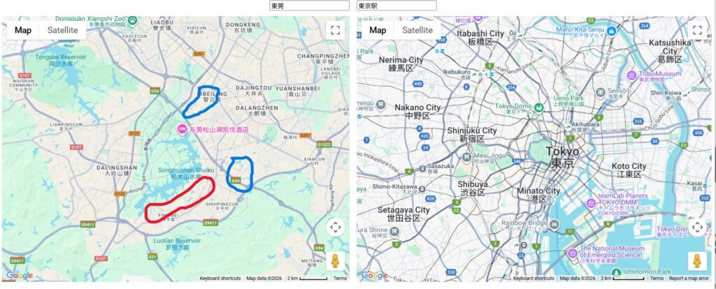 map dongguan-tokyo-comparison